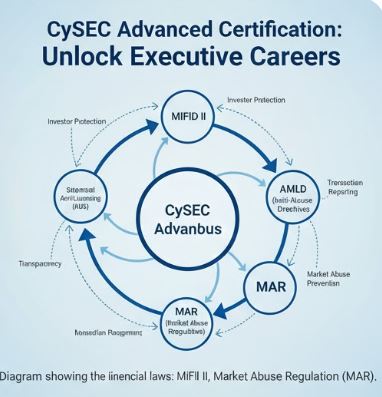 Diagram showing the financial laws: MiFID II, AMLD, MAR. 